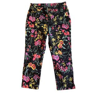 Susan Graver Women's Uptown Cropped Pants Black Floral Pull-on Size 10
